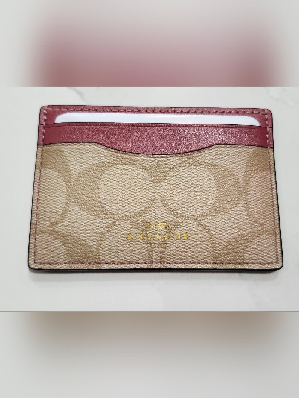 Like New Authentic Coach Khaki Card Case w/ Rose Pink Trim & Gold Accents